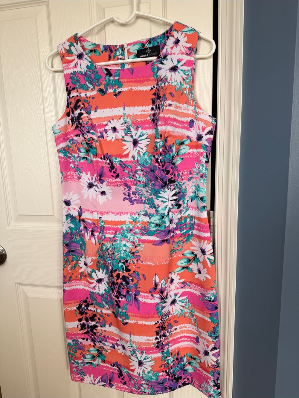 Ronni Nicole Coral, Pink & Teal Floral Sheath Midi Dress